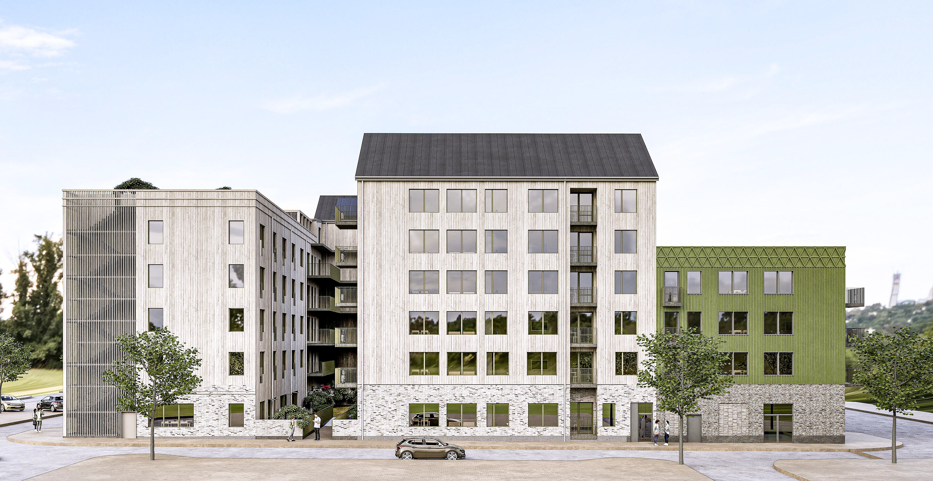 Visionsbild över Flora med grön och grå fasad