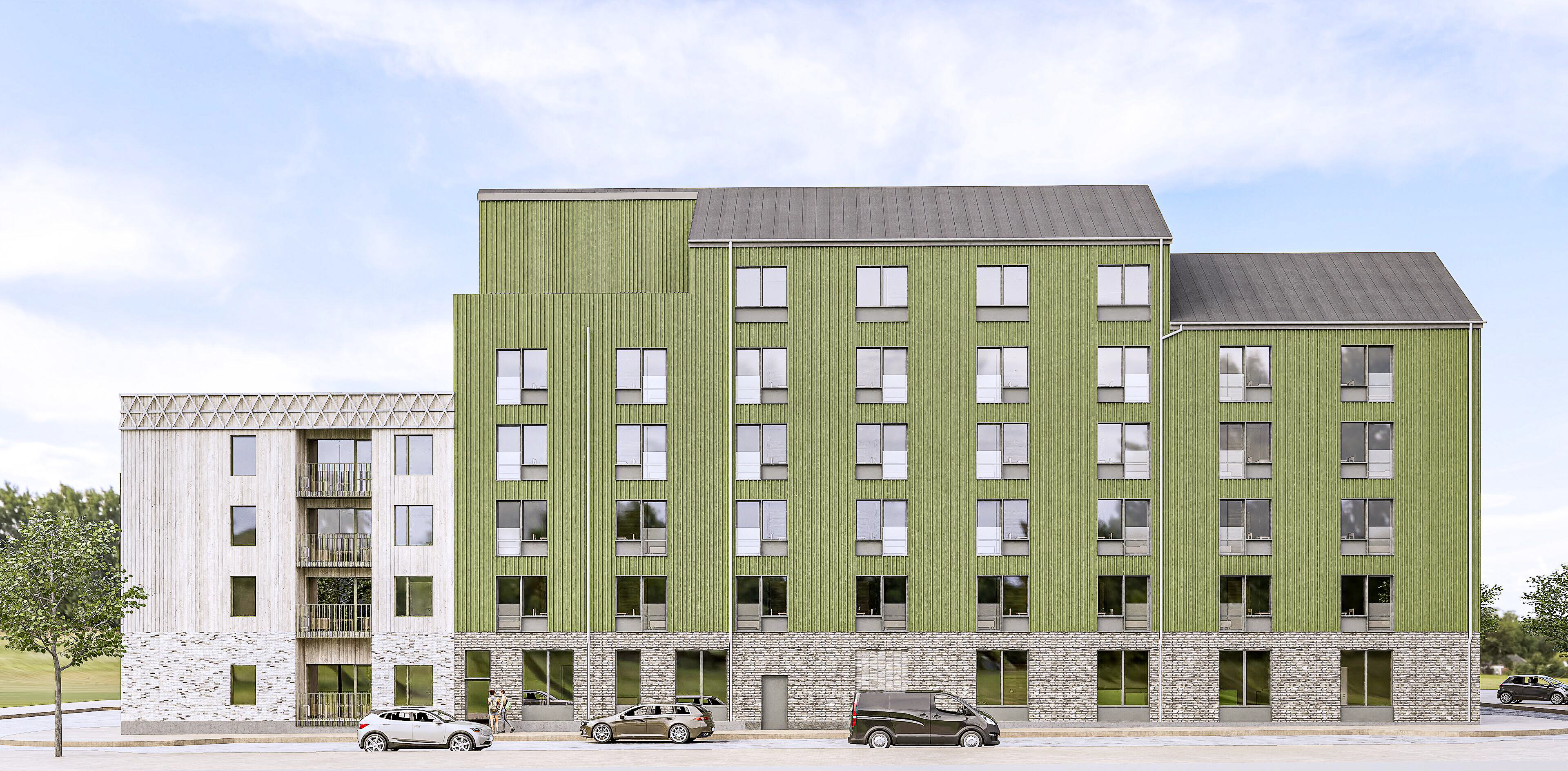 Visionsbild över Flora med grön och grå fasad