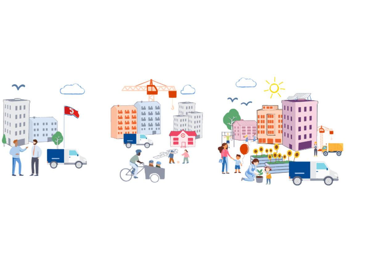 Färgglad och lekfull illustration som gestaltar scope 1, scope 2 och scope 3. Ritade byggnader, människor och fordon och tre olika kolumner