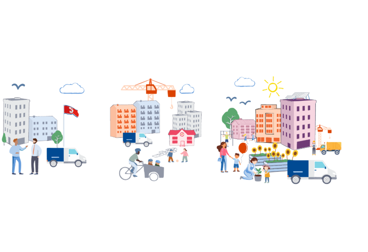 Färgglad och lekfull illustration som gestaltar scope 1, scope 2 och scope 3. Ritade byggnader, människor och fordon och tre olika kolumner