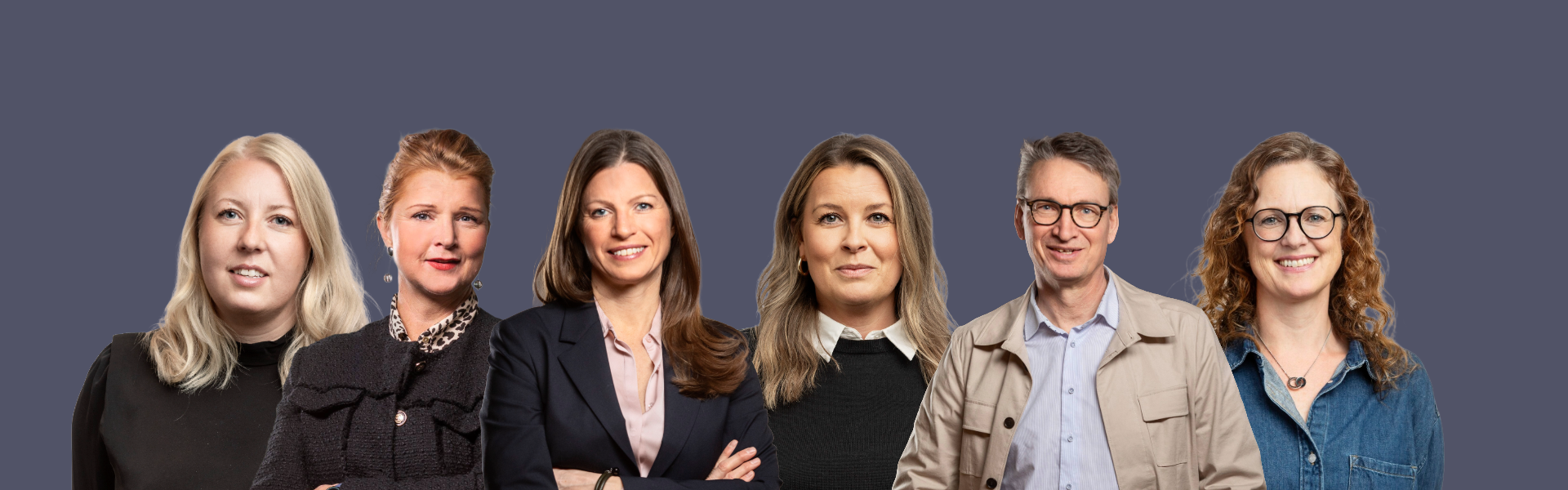 Sex personer från Stena Fastigheter står på rad mot en enfärgad mörkgrå bakgrund. 