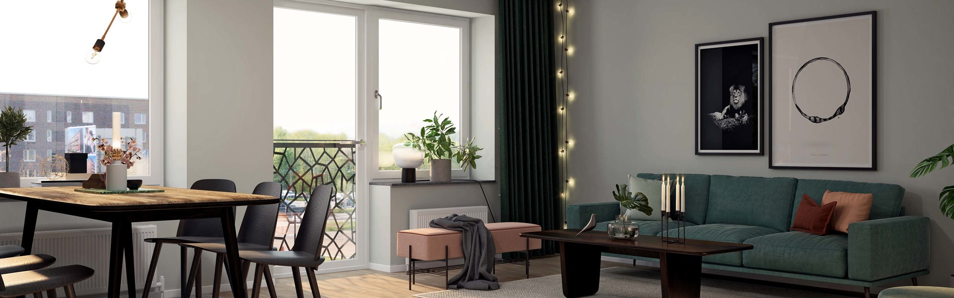 Vardagsrum och kök i bostadsrätt Kvillered. Ett stilrent vardagsrum med en grön soffa, ett stort matbord med svarta stolar, och dekorativa väggkonstverk. Rummet har stora fönster som släpper in mycket ljus och är dekorerat med växter och ljusslingor. Golvet är av trä och inredningen är modern och elegant.