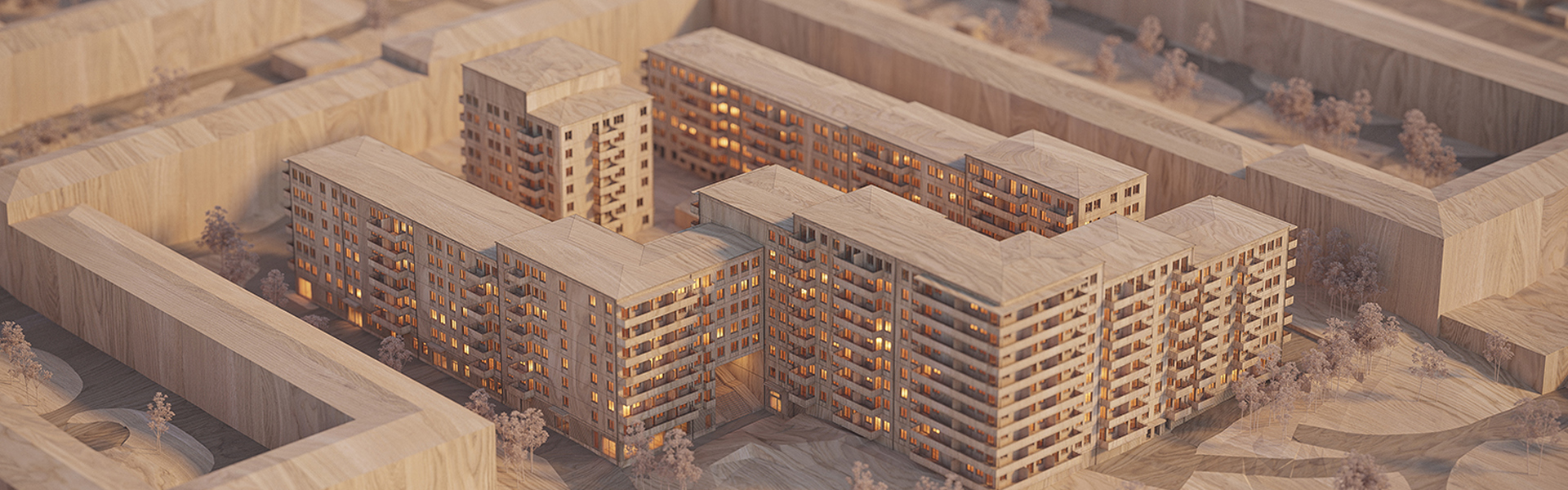 Trämodell: Arkitektonisk visualisering av ett bostadskomplex bestående av flera tegelstenshus i brunaktig färg omgiven av träbyggnader. Området är utformat med vägar och grönytor, fotograferat från ett fågelperspektiv