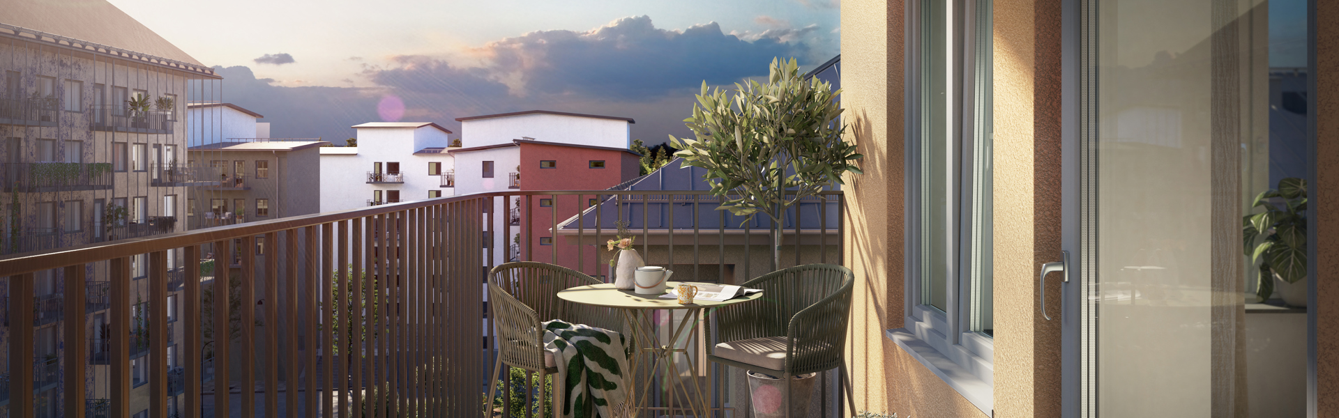 Illustration av en balkong i projektet Juno i Vega