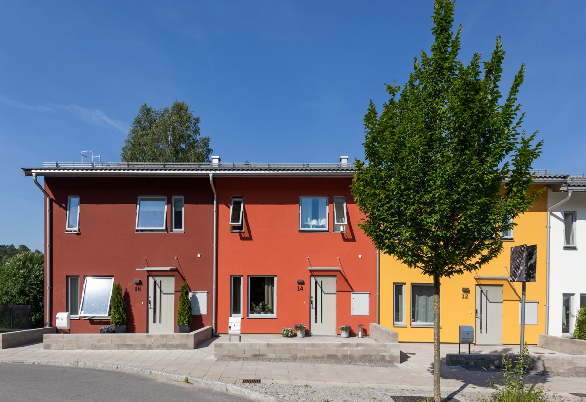 Tre radhus från Sommartriangeln med ett grönskande träd i förgrunden.