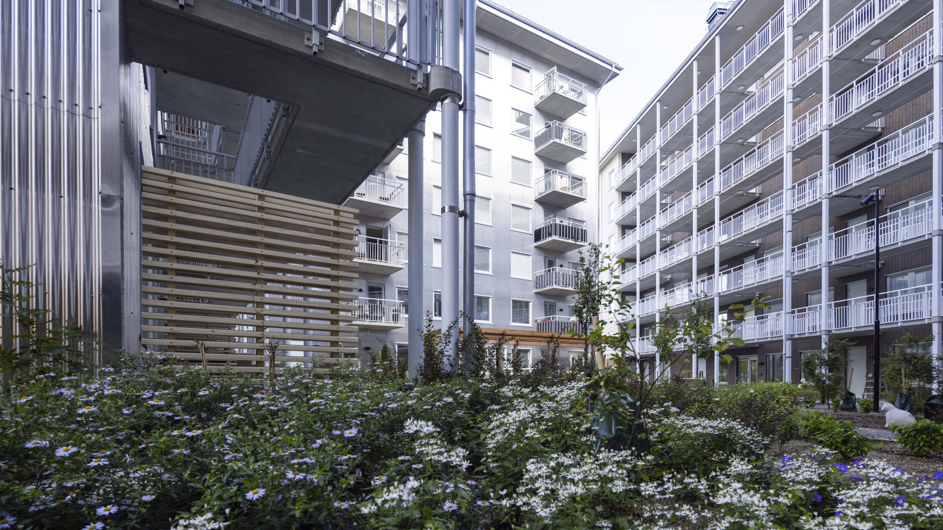 Bild på innergården med grönska i förgrunden. 