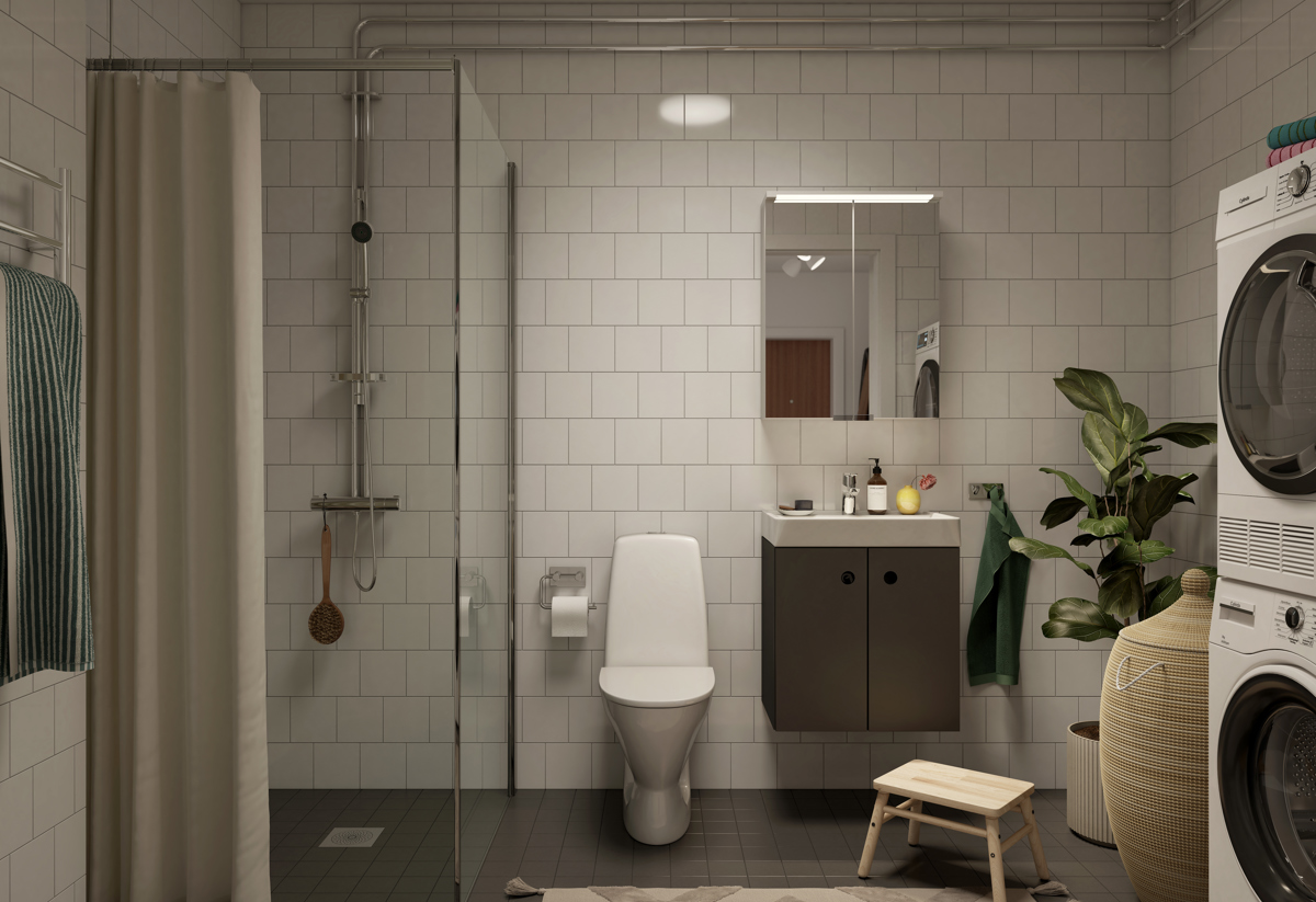 Visionsbild av ett badrum med vitt kakel och grått klinker, duschvägg och tvättpelare