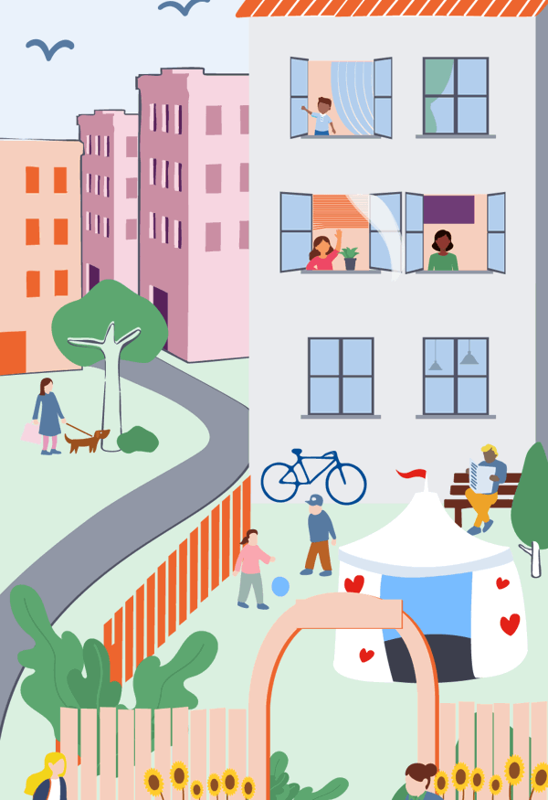 Illustration av ett bostadsområde en solig dag: flerfamiljshus med öppna fönster där människor vinkar, gård med lekande barn, cykel, bänk med läsande person, tält med hjärtan, hundpromenad samt odlingslådor med solrosor vid en portik och växter runtom