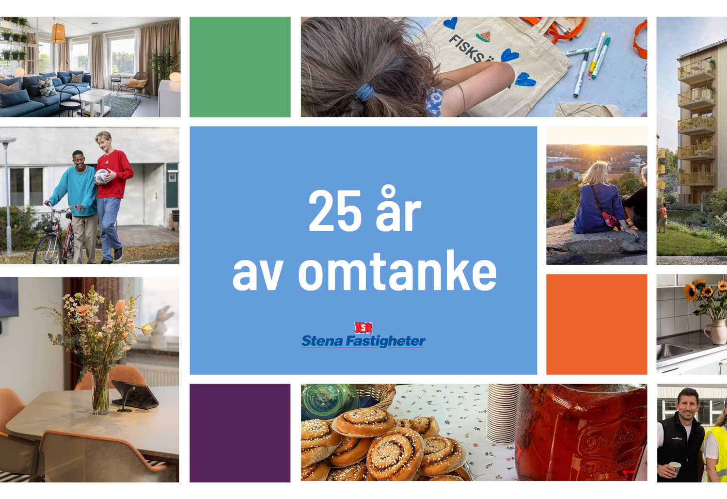 Collagebild med foton från bostadsområden och aktiviteter: människor som umgås utomhus, ett vardagsrum, kök med solrosor, barn som målar texten ”Fisksätra…”, kanelbullar, saft och medarbetare i arbetskläder. I mitten finns en blå ruta med vit text ”25 år av omtanke” och Stena Fastigheters logotyp under.