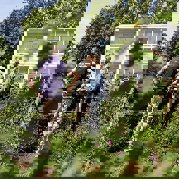 Två personer står och samtalar i en lummig trädgård framför ett flerbostadshus; den ena bär väst med texten ”Stena Fastigheter”. Bilden ramas in av gröna blad och blommande växter i förgrunden en solig dag. Lindängen Malmö, World Bee Day