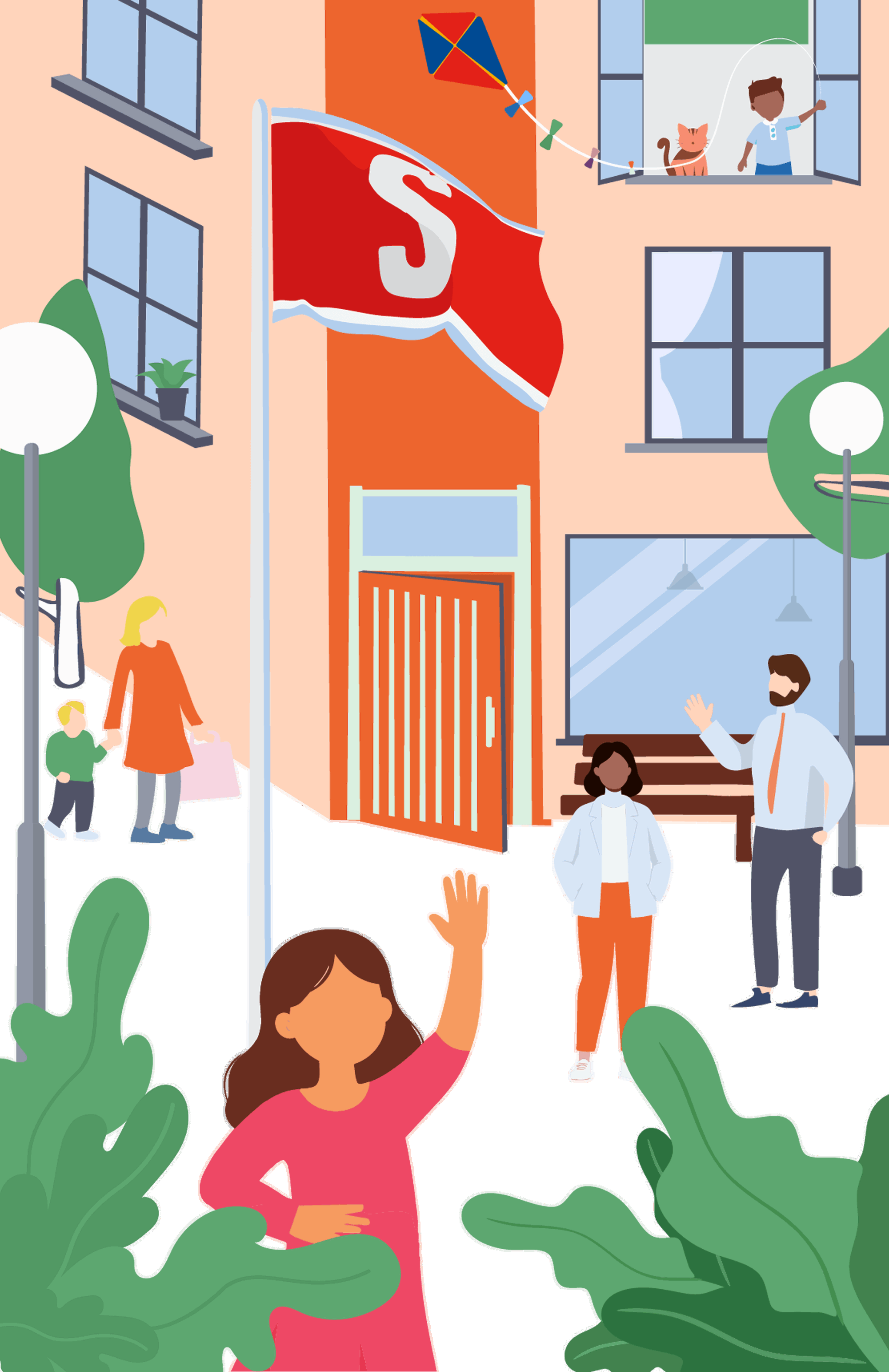 Illustration av en entré till ett bostadshus med Stena Fastigheters flagga utanför. Flera människor vistas runt huset: en person vinkar i förgrunden, två personer står vid en bänk, en vuxen och ett barn går på trottoaren och ett barn står i ett öppet fönster tillsammans med en katt och en drake. Bilden förmedlar en välkomnande och levande boendemiljö med grönska, belysning och öppna fönster.