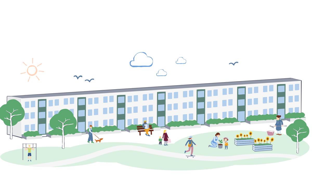 Illustration av ett bostadshus med en grön gård framför där människor promenerar, leker med barn, sitter på bänkar och odlar i pallkragar en solig dag.