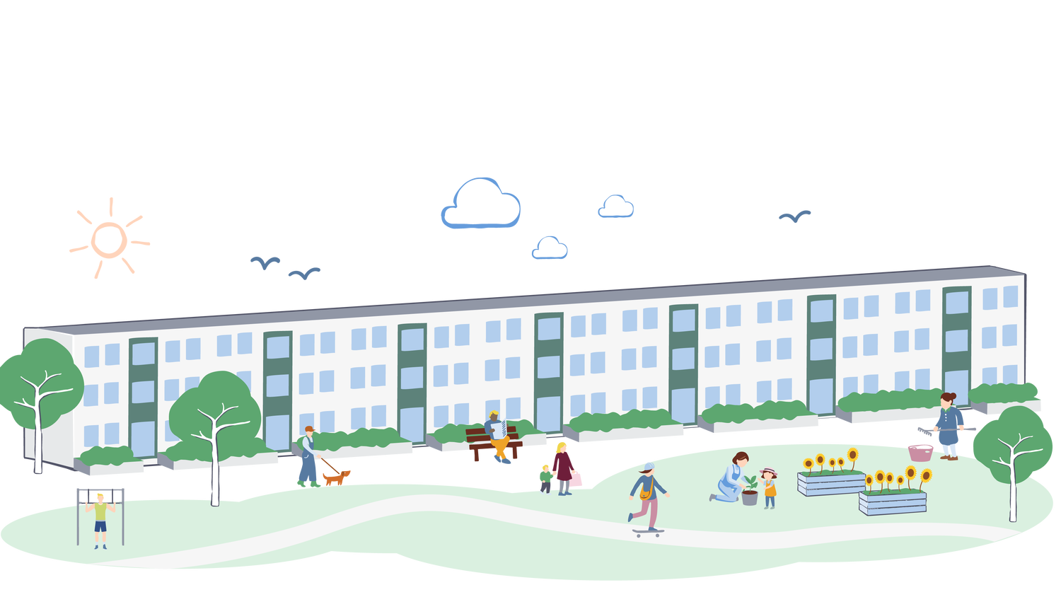 Illustration av ett bostadshus med en grön gård framför där människor promenerar, leker med barn, sitter på bänkar och odlar i pallkragar en solig dag.