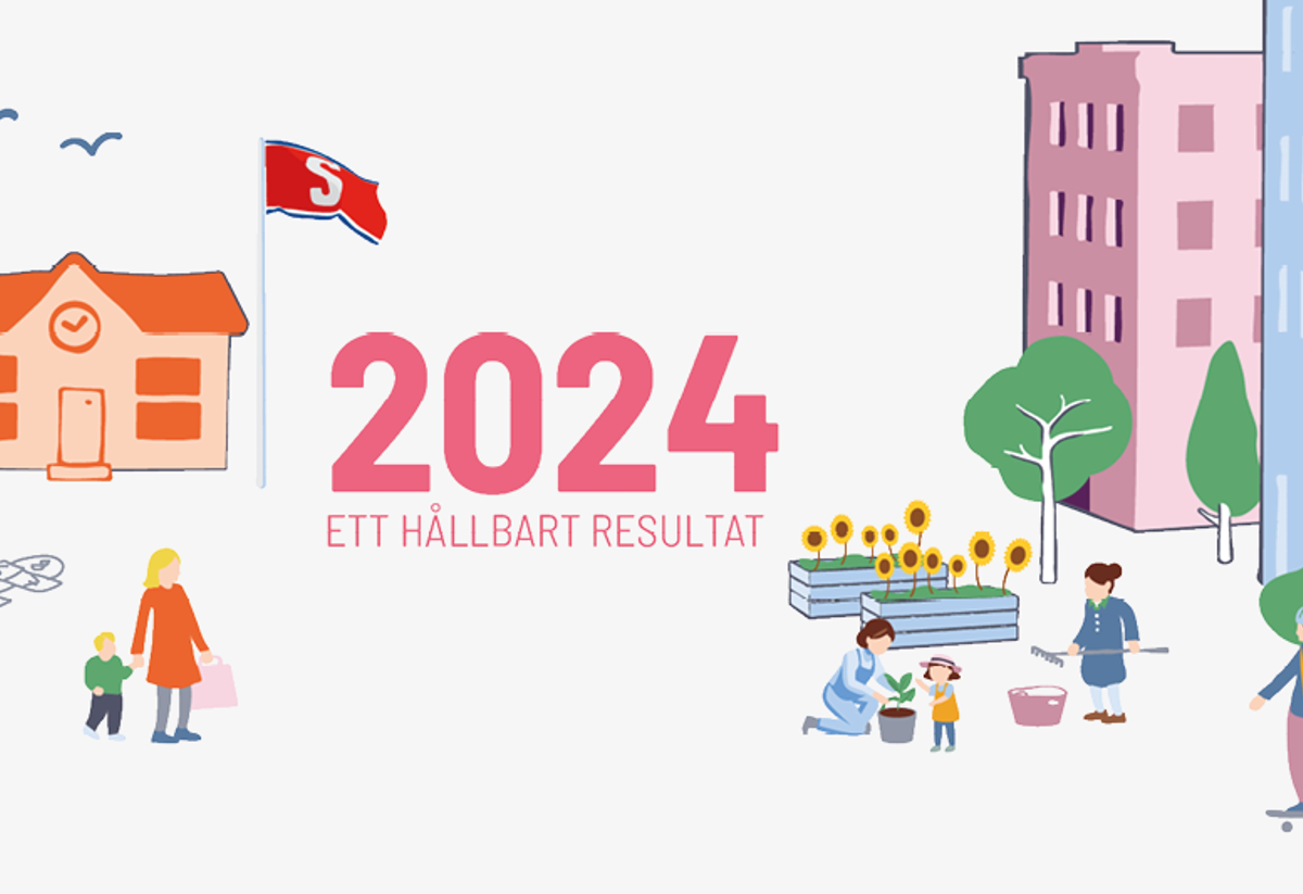 Illustrativ bild med glada färger och ett lekfullt manér som gestaltar ett leveande kvarter med människor och olika typer av hus. I mitten står 2024 - ett hållbart resultat
