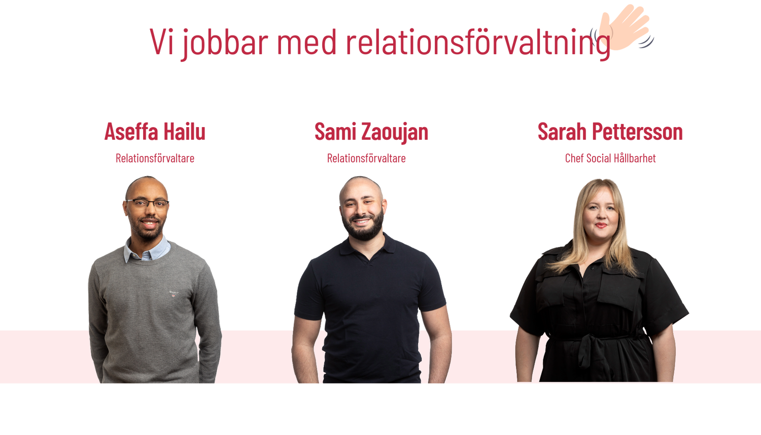 Vi jobbar med relationsförvaltning – presentationsbild av tre personer. Från vänster: Aseffa Hailu, relationsförvaltare, iklädd grå tröja och skjorta; i mitten Sami Zaoujan, relationsförvaltare, i mörk pikétröja; till höger Sarah Pettersson, Chef Social Hållbarhet, i svart klänning. Vit bakgrund med rubriken “Vi jobbar med relationsförvaltning” högst upp och en vinkande handikon.