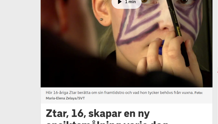 En skärmdump från en artikel med rubriken ´Ztar, 16, skapar en ny ansiktsmålning varje dag`