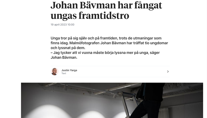 Artikel från Skånska Dagbladet med rubriken ´Johan Bävman har fångat ungas framtidstro´