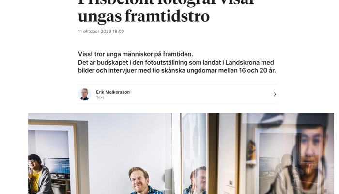 Artikel från Helsingsborgs Dagblad med rubriken ´Prisbelönt fotograf visar ungas framtidstro´