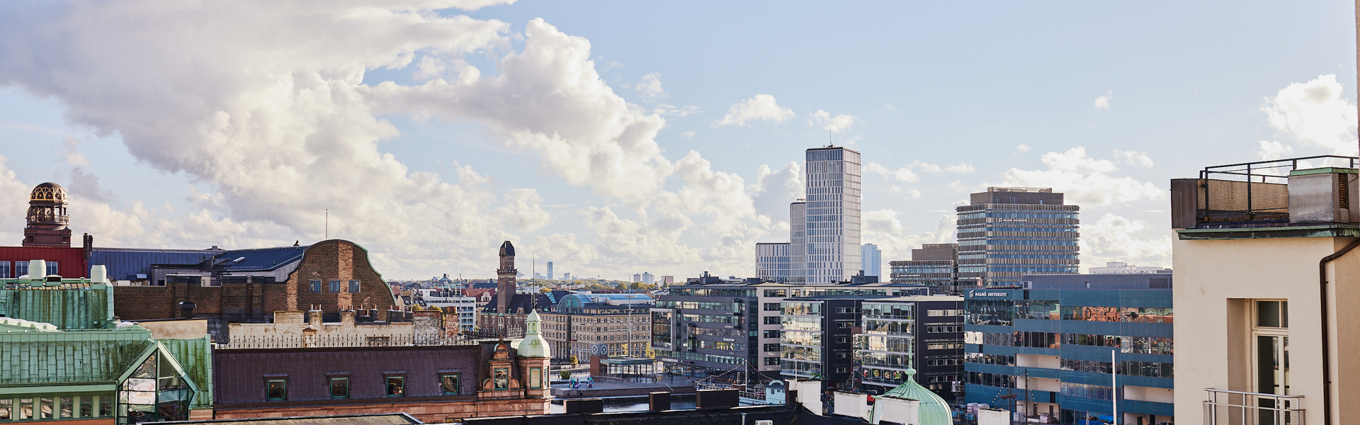 Utsikt över hustak i fint väder, med en blå himmel som sträcker sig långt bort.