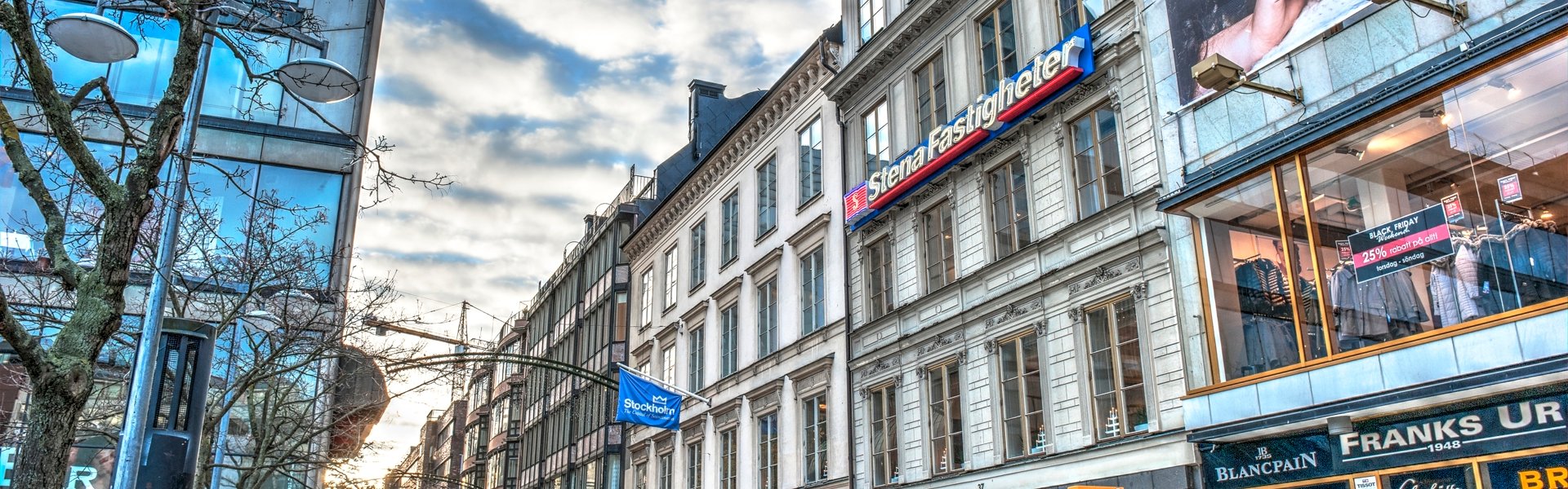 central shoppinggata. Gågata med höghus på vardera sida.