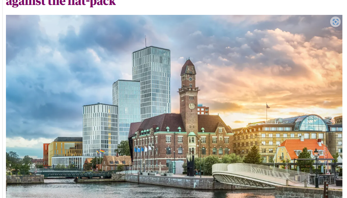 En stadsbild av Malmö, Sverige, som visar både modern och historisk arkitektur. Bilden innehåller rubriken för Malmö designfestival: 'Malmö design festival fights back against the flat-pack'. Scenen inkluderar en blandning av samtida höghus och en äldre, utsmyckad byggnad med ett klocktorn vid vattnet, vilket framhäver stadens arkitektoniska mångfald.