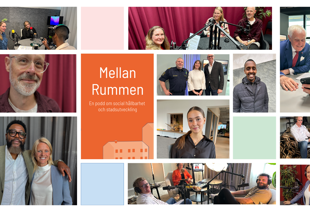 En collagebild för podden ”Mellan Rummen – En podd om social hållbarhet och stadsutveckling”. I mitten syns en orange ruta med poddens titel och en stiliserad illustration av hus. Runtom finns flera foton på personer som spelar in podd i studio, sitter i samtal, ler mot kameran eller intervjuas i olika miljöer – både inomhus och utomhus. Bilderna förmedlar möten, dialog och engagemang kring sociala frågor.