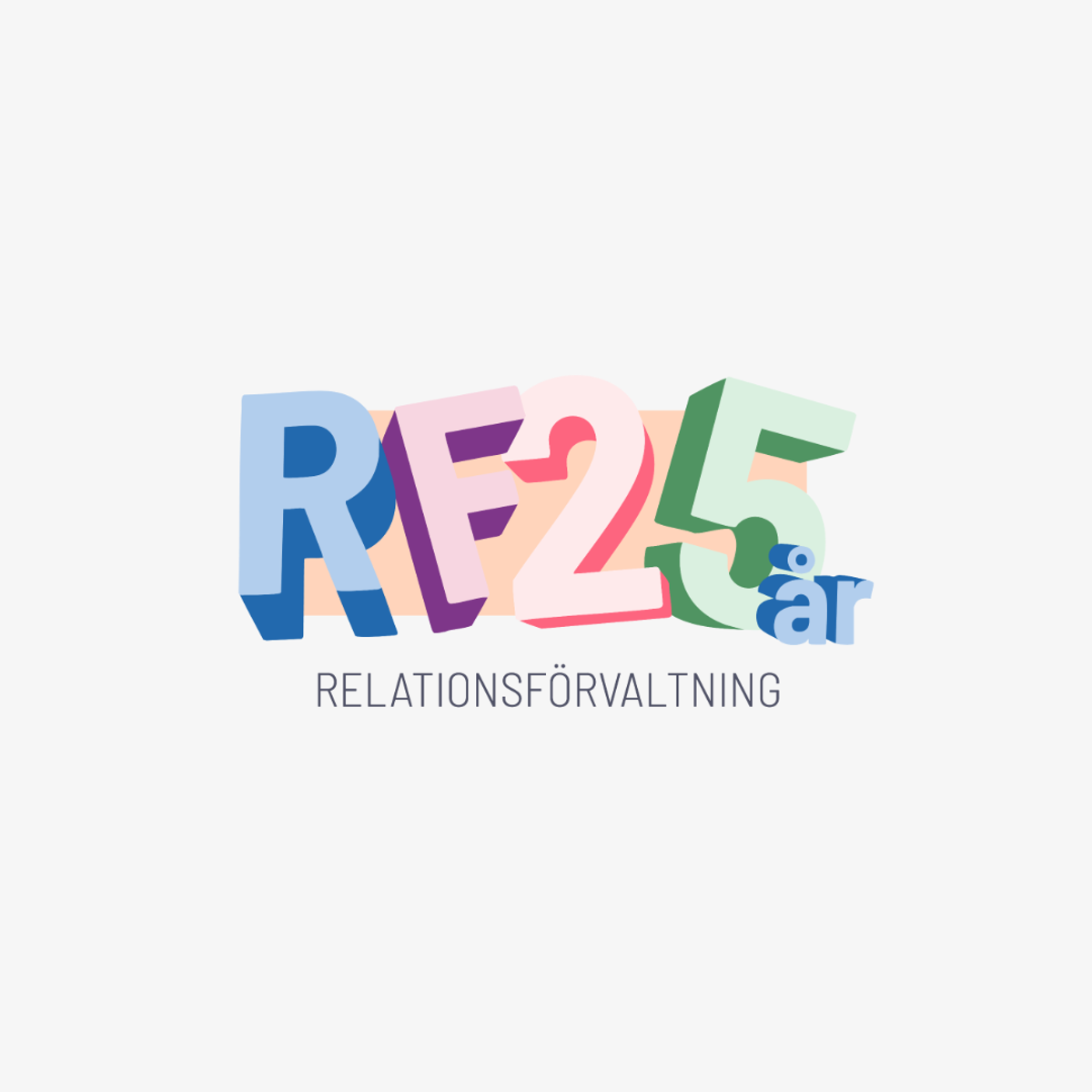 Logotyp med färgglad 3D‑text "RF 25 år" och ordet "Relationsförvaltning" under, som markerar verksamhetens 25‑årsjubileum.