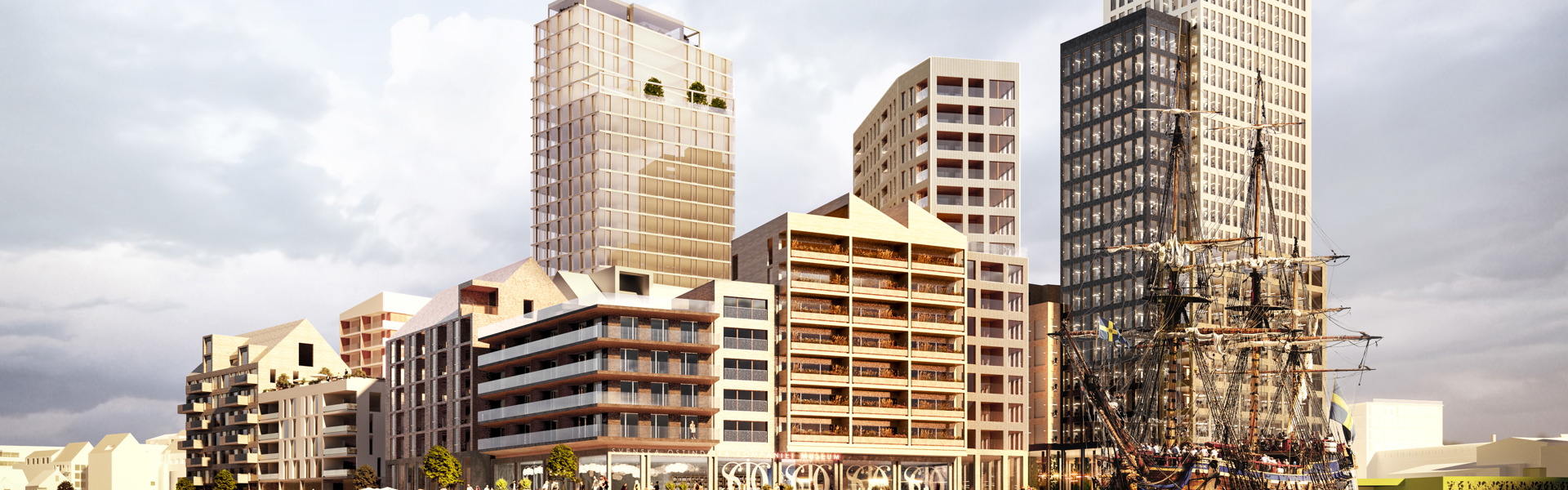 Visionsbild av stadsdel med moderna höghus vid hav