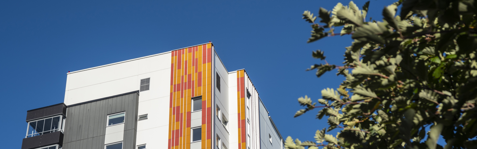 Ett modernt flerfamiljshus med färgglada vertikala paneler i orange och gult, mot en klarblå himmel. En del av en grön buske syns i förgrunden till höger i bilden.