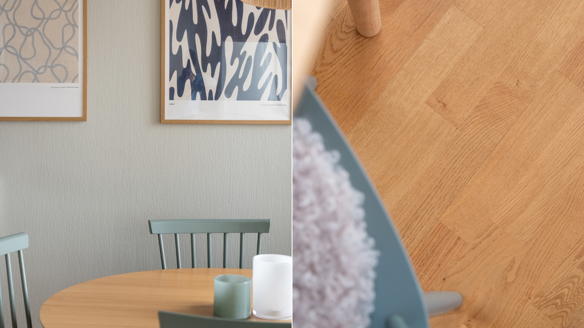 Detaljbild från matplats med runt bord i ljust trä och gröna pinnstolar, där väggen pryds av två abstrakta tavlor i blå toner. Till höger syns en närbild av det varma trägolvet, en stolsben och en sits med mjuk, ljus klädsel.