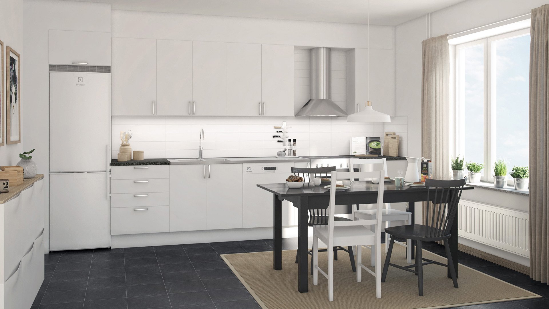Modernt kök med vita skåp och lådor, svart golv och ett stort fönster som släpper in dagsljus. I mitten står ett matbord med fyra stolar, två svarta och två vita, placerat på en ljus matta. På fönsterbrädan står flera gröna växter i krukor. Köket är ljust och luftigt med neutrala färger och minimalistisk inredning.