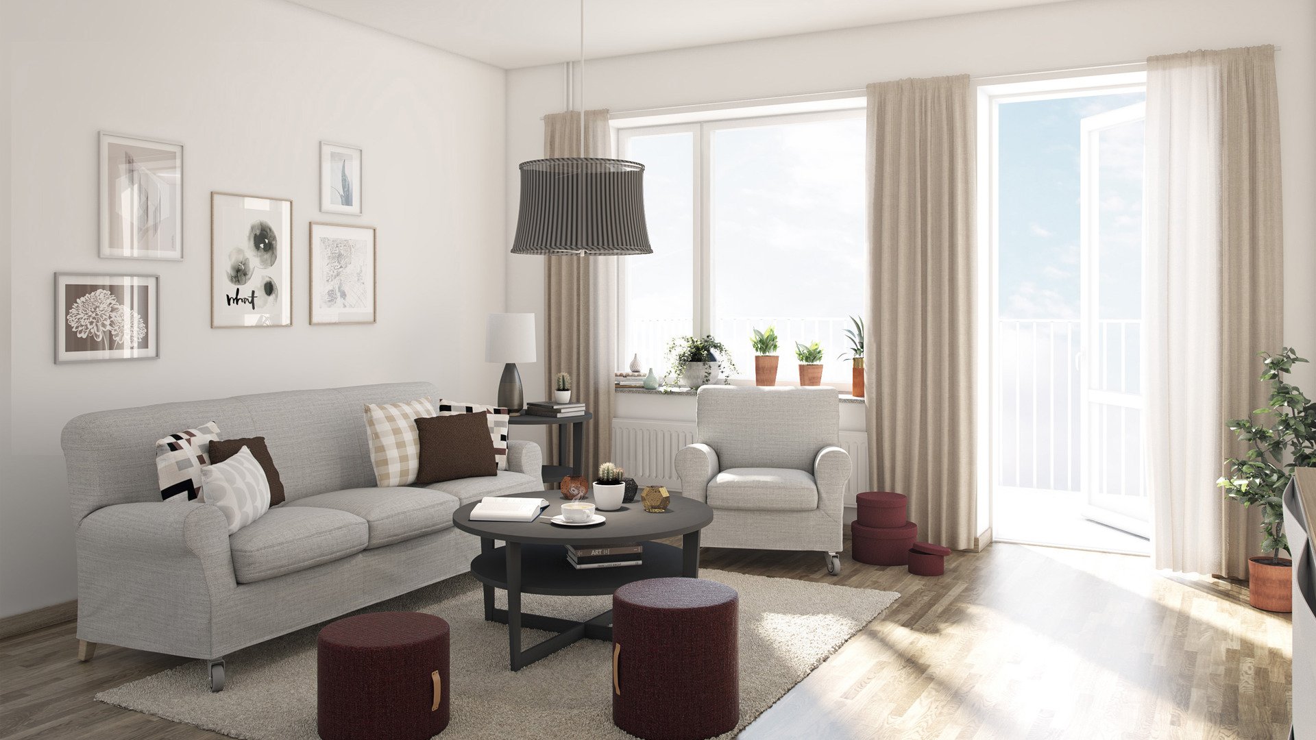 Ljust och modernt vardagsrum med en grå soffa, fåtölj och soffbord på en ljus matta. Två vinröda sittpuffar står framför bordet. På väggen hänger flera tavlor och vid fönstret står gröna växter i krukor. Ett stort fönster och en öppen balkongdörr släpper in mycket dagsljus, och gardiner ramar in fönstret. Rummet har trägolv och en stilren, hemtrevlig inredning.