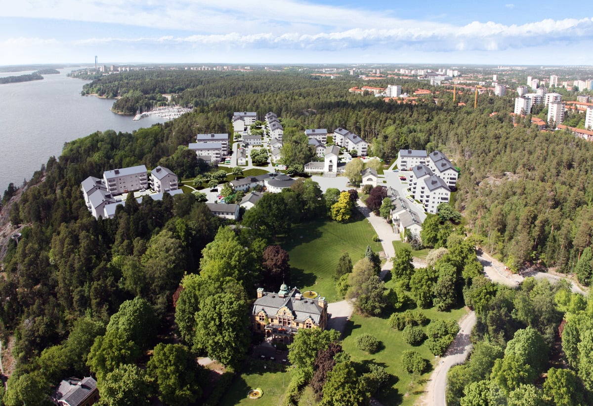 Översiktsbild över Ängby Park ovanifrån. 