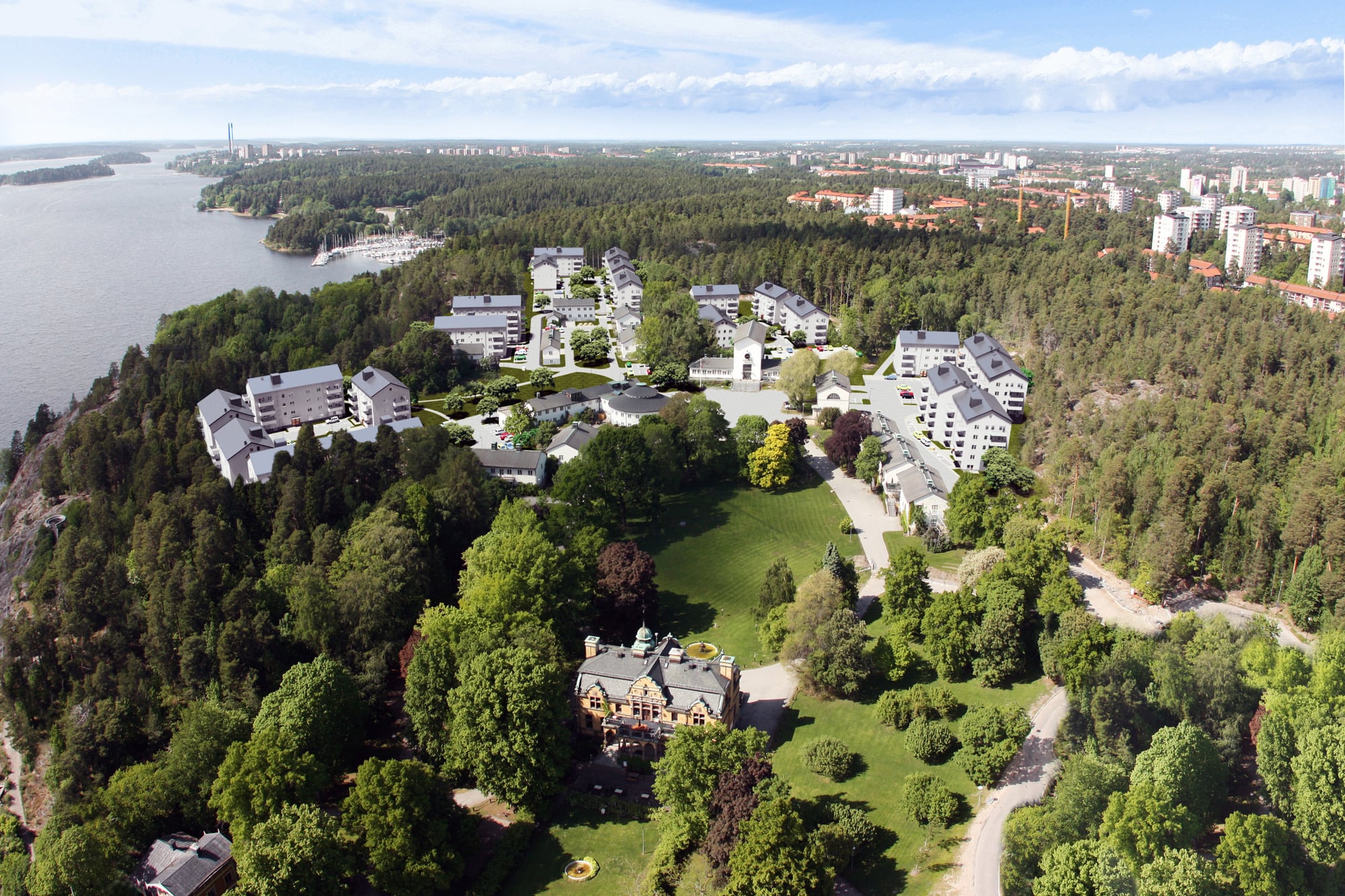 Översiktsbild över Ängby Park ovanifrån. 