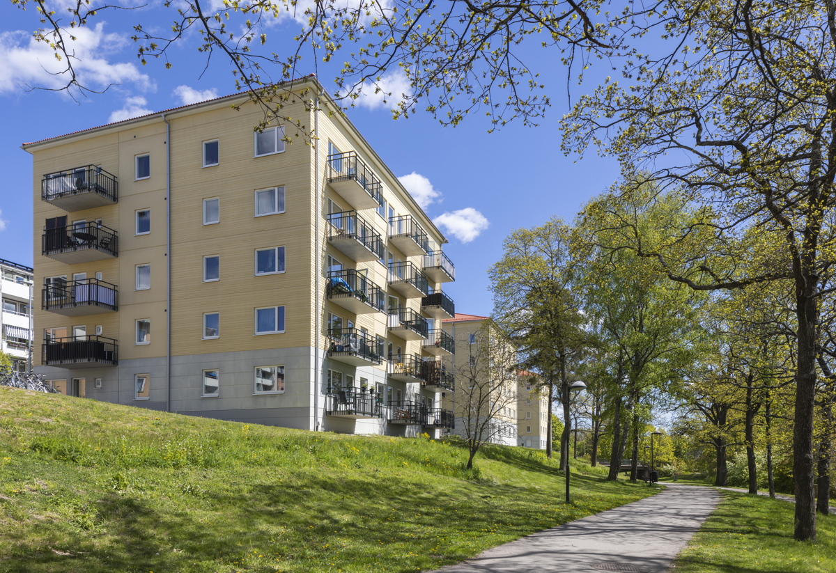 Ett ljusgult flerfamiljshus med ett träd i förgrunden.