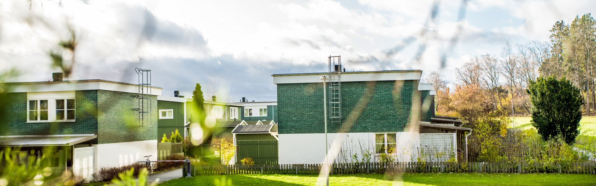 Radhus med en vit panel och grönt tegel i Ekebo, grenar och grönska i förgrunden.
