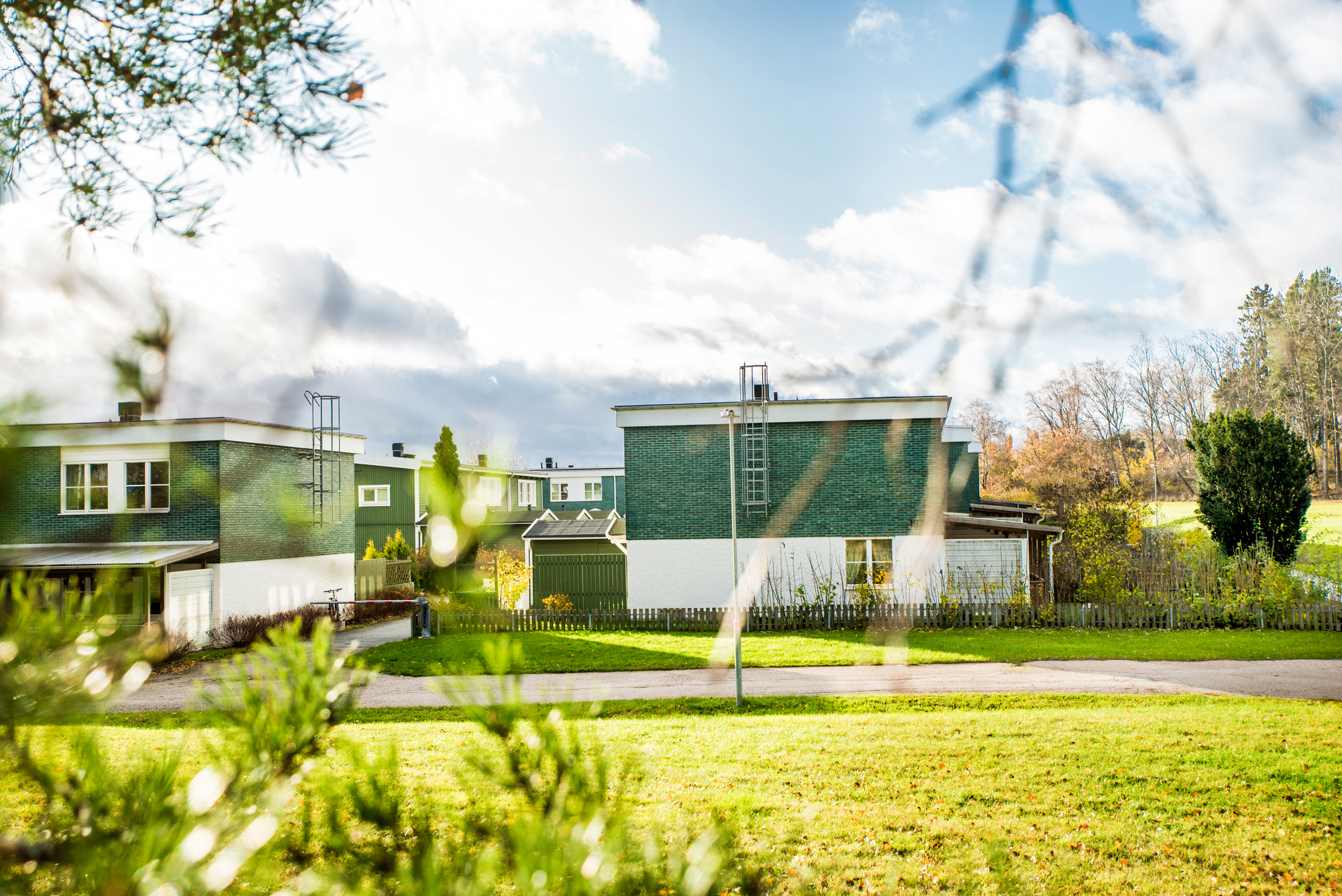 Radhus med en vit panel och grönt tegel i Ekebo, grenar och grönska i förgrunden.