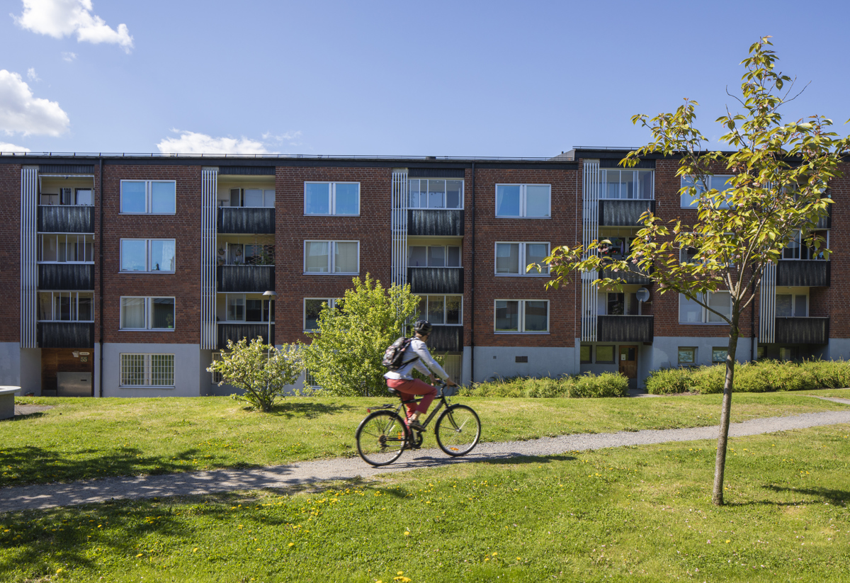 En person som cyklar på en gångväg som går över en gräsmatta, flerfamiljshus i bakgrunden. 