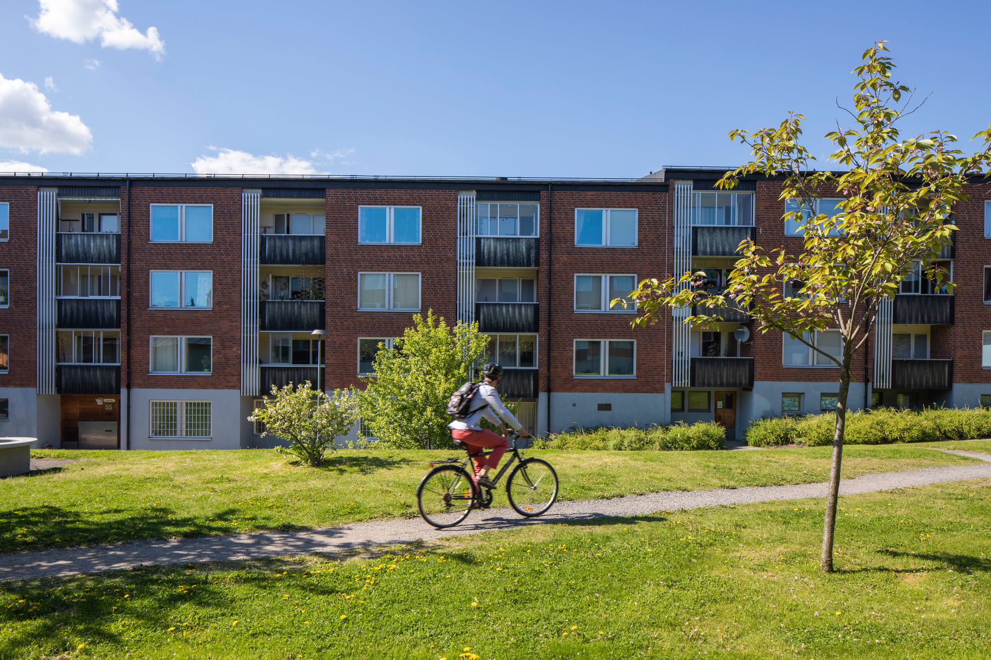 En person som cyklar på en gångväg som går över en gräsmatta, flerfamiljshus i bakgrunden. 