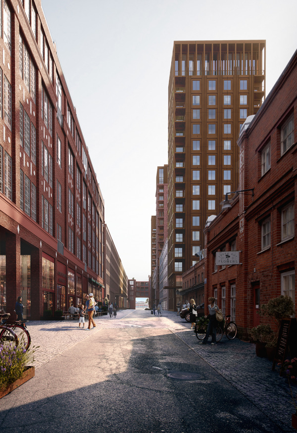 “Solbelyst stadsgata med rödtegelbyggnader på båda sidor, människor som promenerar och sitter vid uteserveringar, samt ett högt modernt bostadshus i bakgrunden.”