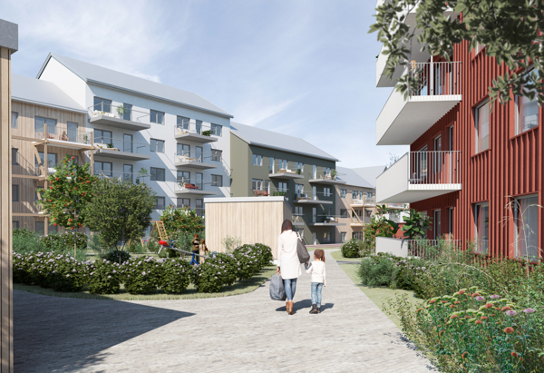 Bild på en av gårdarna som ska byggas i Kvarteret Fågelsten. En mamma håller sitt barn i handen.