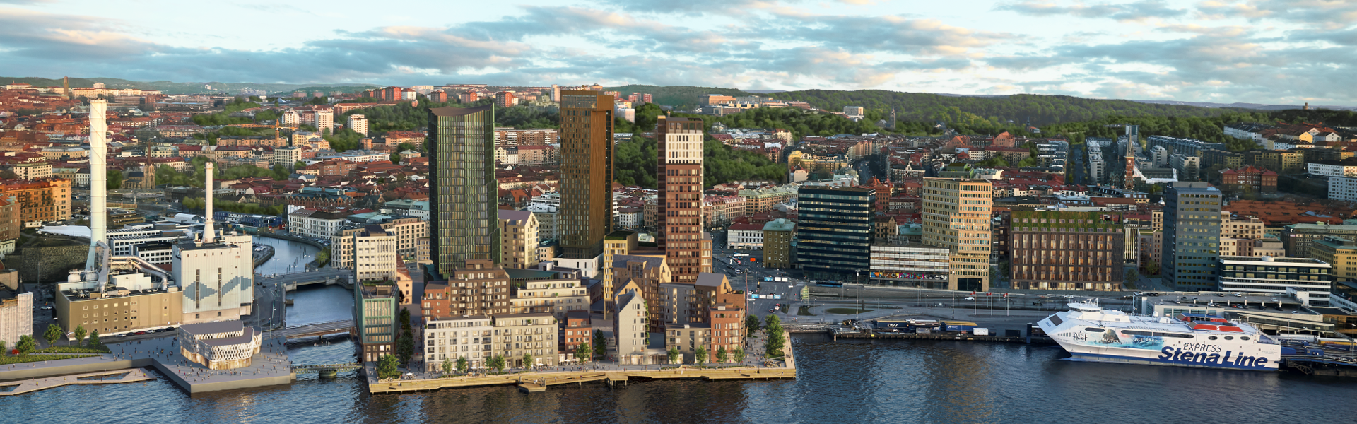 Visionsbild på masthuggskajens halvö och kommande fastigheter