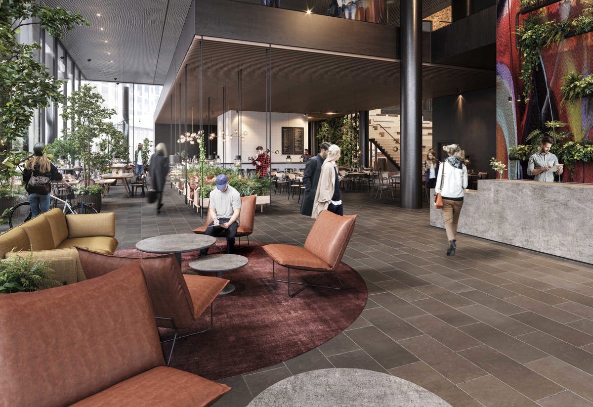 Visuell bild på entré i fastighet som ska byggas på Masthuggskajens halvö