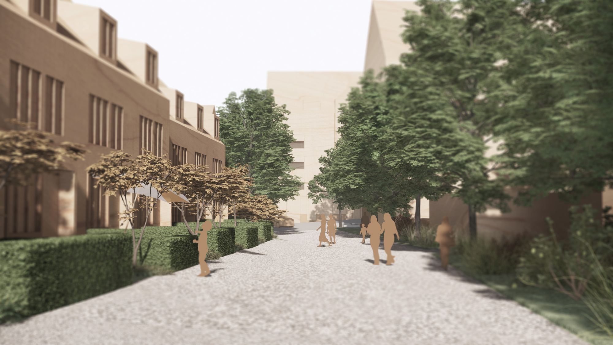 Illustration av en grön stadsmiljö med gångväg, träd, buskar och flerbostadshus, där människor rör sig genom kvarteret.