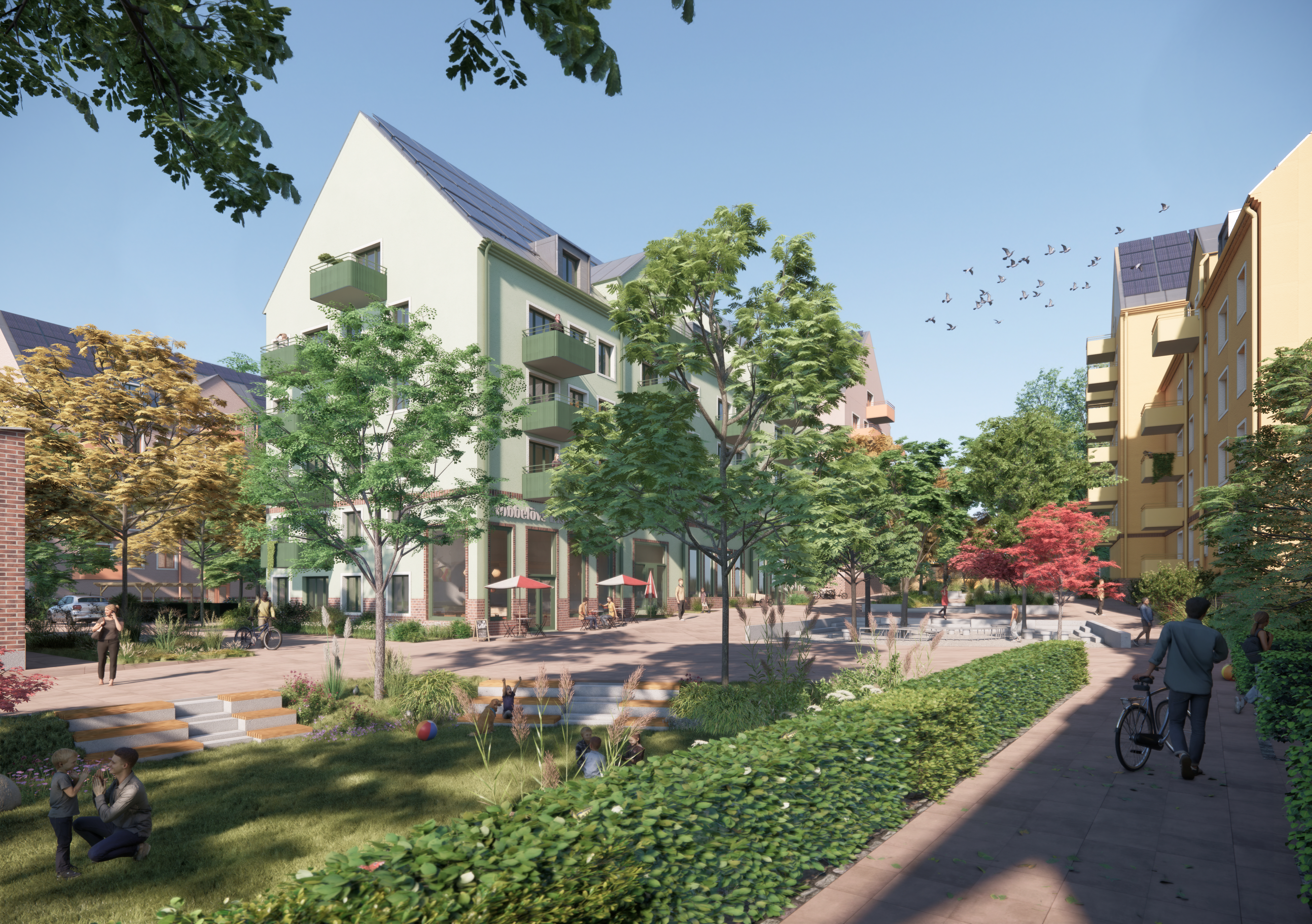 Illustration av ett grönt bostadsområde med flerfamiljshus, träd, gångvägar, cyklister och människor som vistas i en parkmiljö.