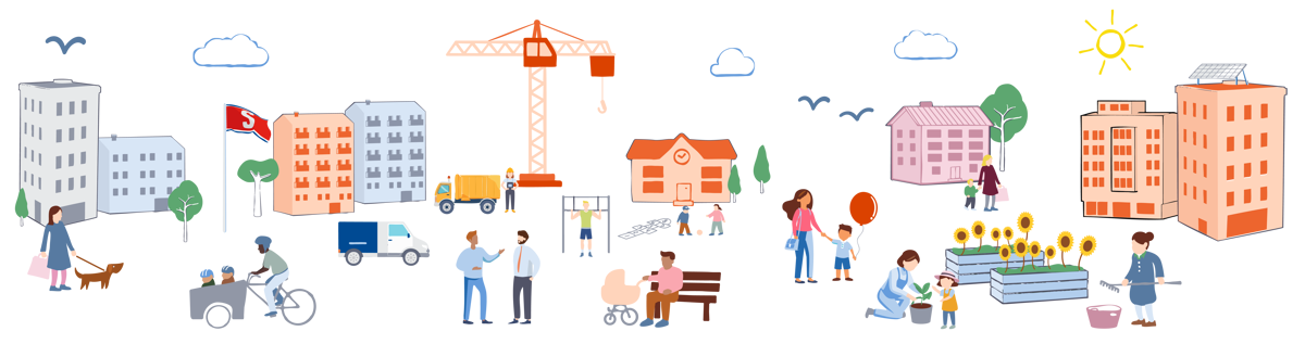 En illustrerad stadsmiljö med flerfamiljshus, byggkran och fordon, där människor promenerar, cyklar, leker med barn och odlar i gemensamma planteringar under en solig himmel.