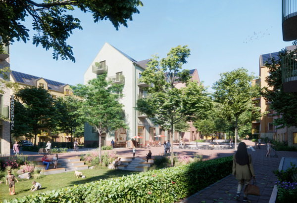 En solig innergård med grönskande träd och buskar omgiven av moderna flerfamiljshus. Människor promenerar, cyklar och umgås. Barn leker på en lekplats och en person går med en hund. Fåglar flyger i himlen.