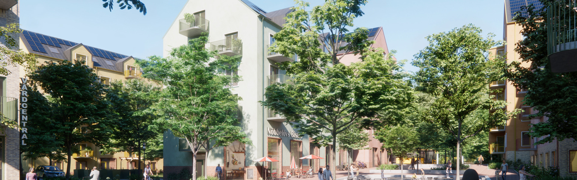 En solig innergård med grönskande träd och buskar omgiven av moderna flerfamiljshus. Människor promenerar, cyklar och umgås. Barn leker på en lekplats och en person går med en hund. Fåglar flyger i himlen.