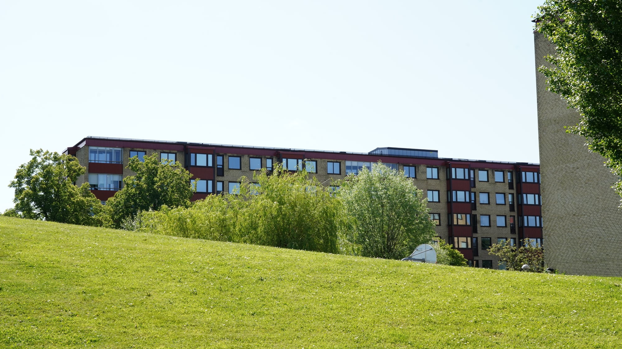 Flerbostadshus syns bakom en grön gräskulle med träd och buskar i förgrunden. Bilden är tagen en solig dag med ljus himmel och lummig grönska.