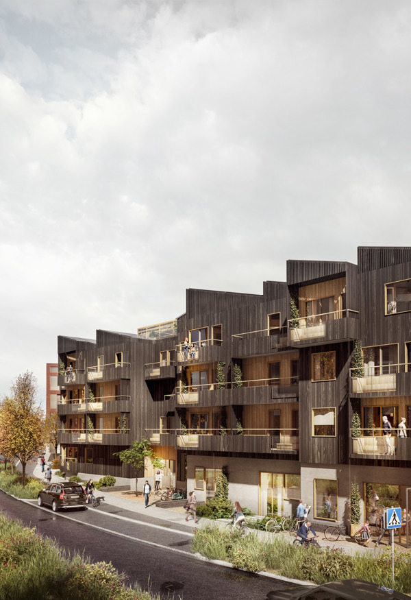 Illustration av ett modernt flerbostadshus i mörkt trä vid en gata med träd, cyklister och gående, som visar ett livligt bostadsområde i stadsmiljö.